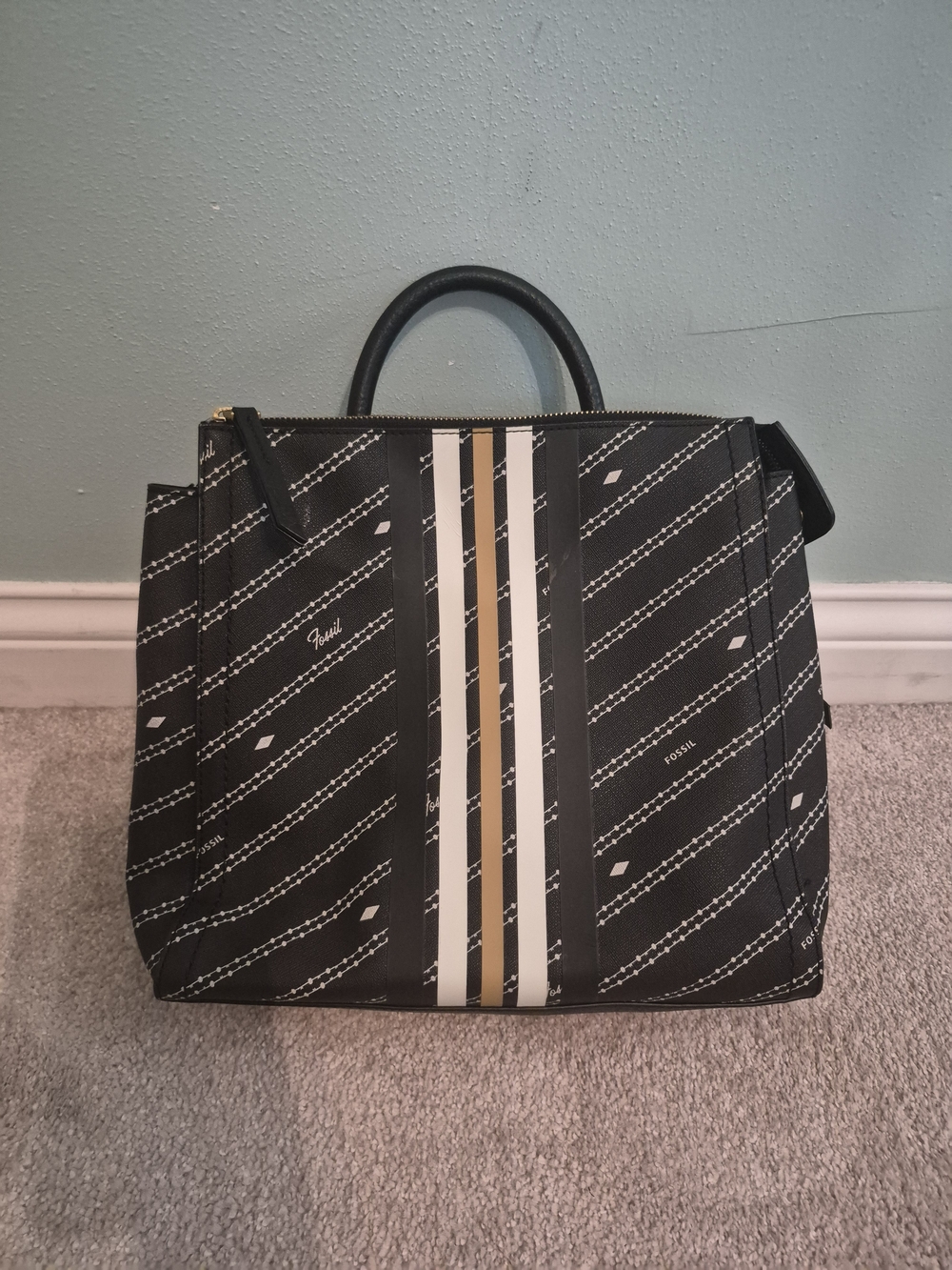 Fossil Black Satchel with White and Tan Center Stripes